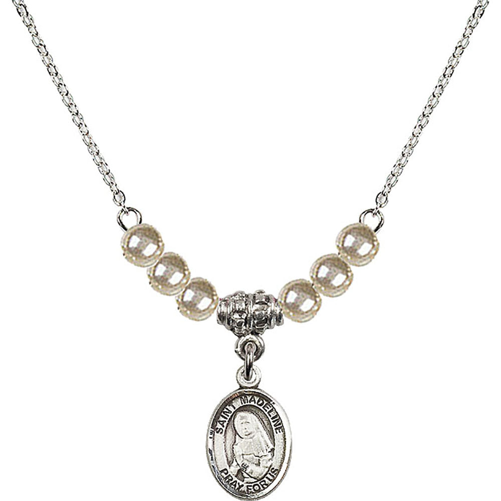Sterling Silver Saint Madeline Sophie Barat Birthstone Necklace with Faux-Pearl Beads - 9236
