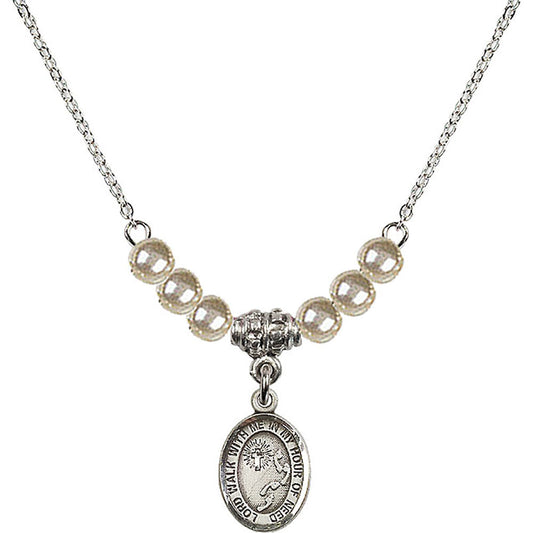 Sterling Silver Footprints / Cross Birthstone Necklace with Faux-Pearl Beads - 9237