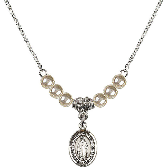 Sterling Silver Saint Bartholomew the Apostle Birthstone Necklace with Faux-Pearl Beads - 9238