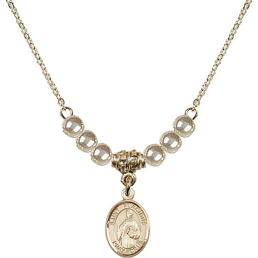 14kt Gold Filled Saint Placidus Birthstone Necklace with Faux-Pearl Beads - 9240