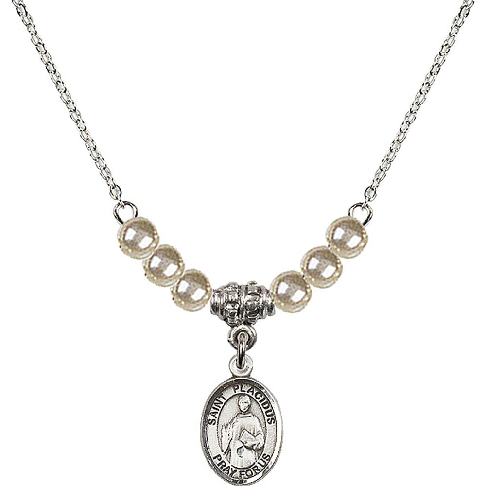 Sterling Silver Saint Placidus Birthstone Necklace with Faux-Pearl Beads - 9240