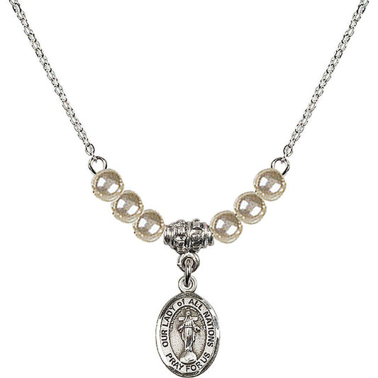 Sterling Silver Our Lady of All Nations Birthstone Necklace with Faux-Pearl Beads - 9242