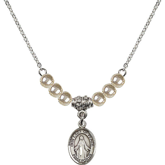 Sterling Silver Our Lady of Peace Birthstone Necklace with Faux-Pearl Beads - 9245