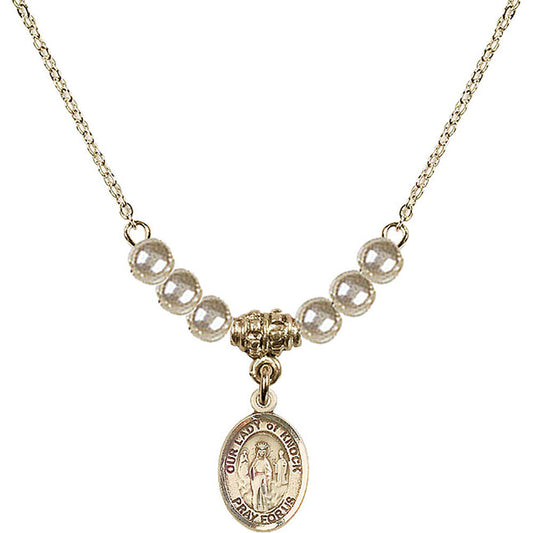14kt Gold Filled Our Lady of Knock Birthstone Necklace with Faux-Pearl Beads - 9246