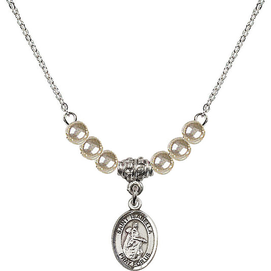 Sterling Silver Saint Isabella of Portugal Birthstone Necklace with Faux-Pearl Beads - 9250
