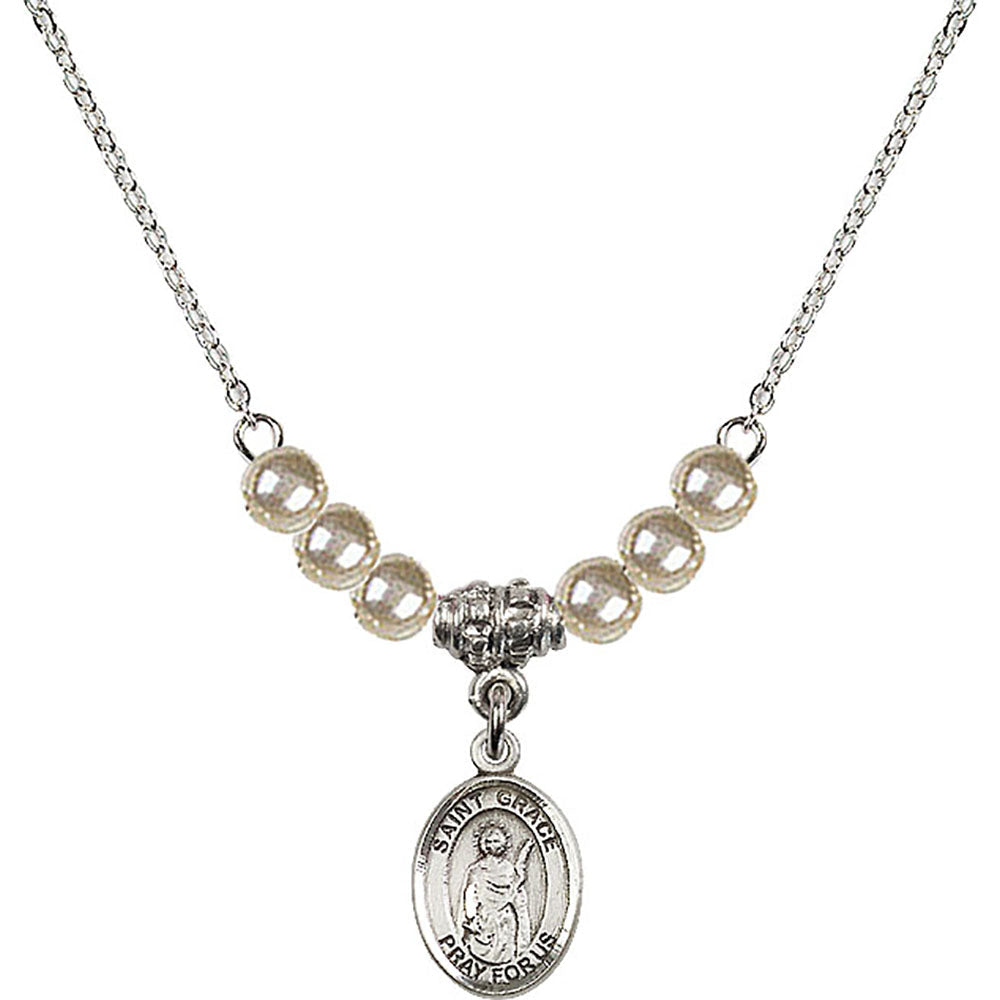 Sterling Silver Saint Grace Birthstone Necklace with Faux-Pearl Beads - 9255
