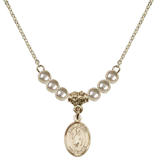 14kt Gold Filled Saint Austin Birthstone Necklace with Faux-Pearl Beads - 9256