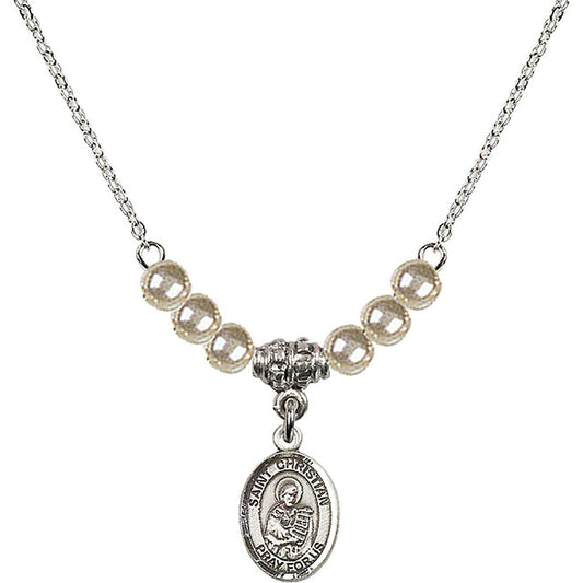 Sterling Silver Saint Christian Demosthenes Birthstone Necklace with Faux-Pearl Beads - 9257