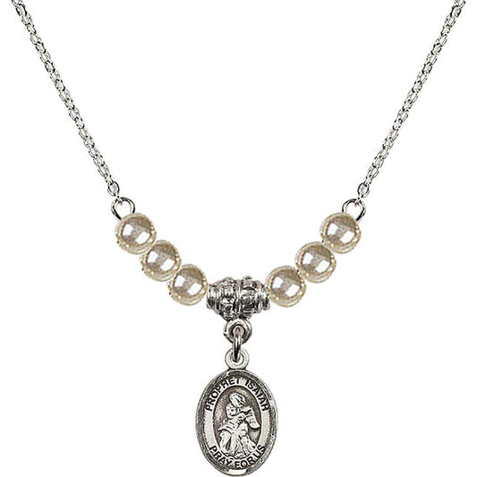 Sterling Silver Saint Isaiah Birthstone Necklace with Faux-Pearl Beads - 9258