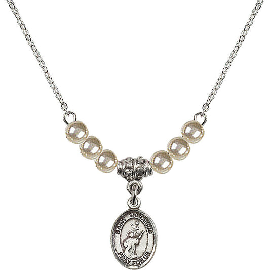 Sterling Silver Saint Tarcisius Birthstone Necklace with Faux-Pearl Beads - 9261