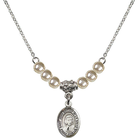 Sterling Silver Saint John Baptist de la Salle Birthstone Necklace with Faux-Pearl Beads - 9262