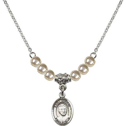 Sterling Silver Saint Eugene de Mazenod Birthstone Necklace with Faux-Pearl Beads - 9266