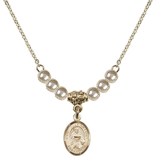 14kt Gold Filled Saint Julia Billiart Birthstone Necklace with Faux-Pearl Beads - 9267