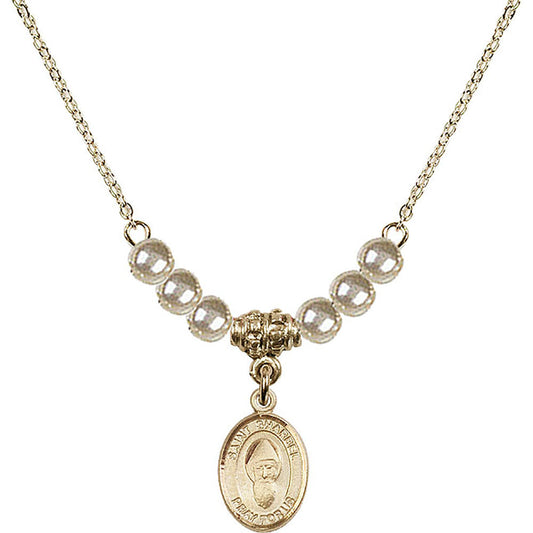 14kt Gold Filled Saint Sharbel Birthstone Necklace with Faux-Pearl Beads - 9271