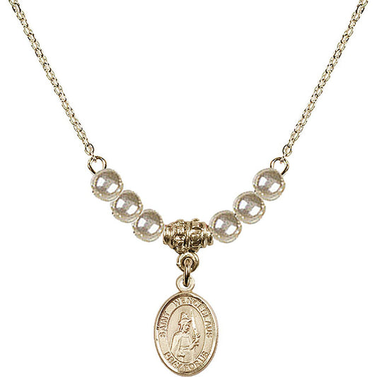 14kt Gold Filled Saint Wenceslaus Birthstone Necklace with Faux-Pearl Beads - 9273