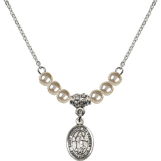 Sterling Silver Saint Isidore the Farmer Birthstone Necklace with Faux-Pearl Beads - 9276