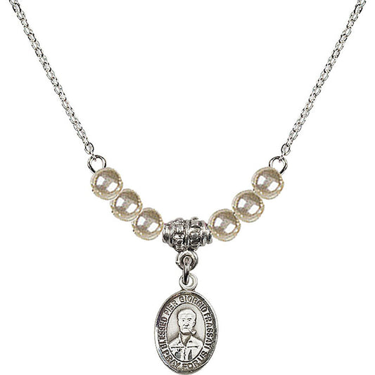 Sterling Silver Blessed Pier Giorgio Frassati Birthstone Necklace with Faux-Pearl Beads - 9278