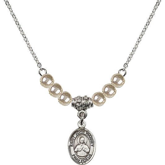 Sterling Silver Saint John Vianney Birthstone Necklace with Faux-Pearl Beads - 9282