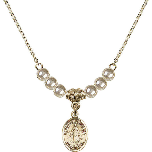 14kt Gold Filled Blessed Karolina Kozkowna Birthstone Necklace with Faux-Pearl Beads - 9283