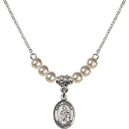 Sterling Silver Saint Angela Merici Birthstone Necklace with Faux-Pearl Beads - 9284