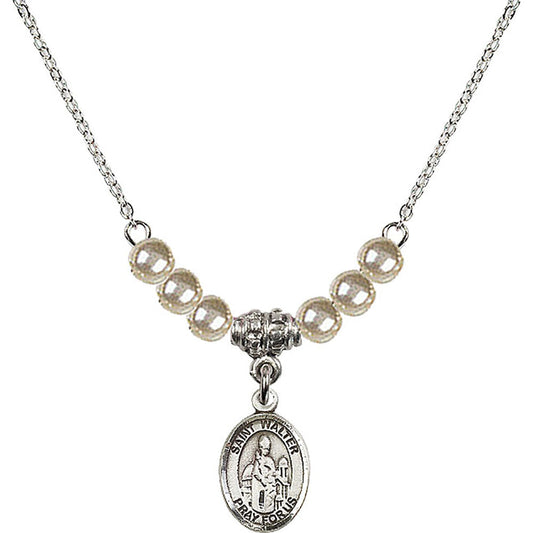 Sterling Silver Saint Walter of Pontoise Birthstone Necklace with Faux-Pearl Beads - 9285