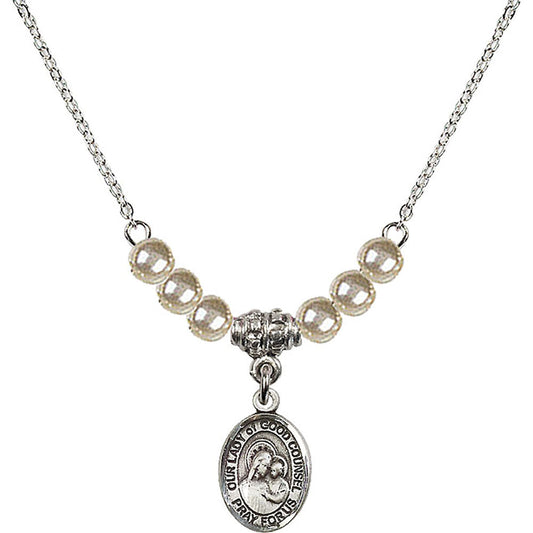 Sterling Silver Our Lady of Good Counsel Birthstone Necklace with Faux-Pearl Beads - 9287