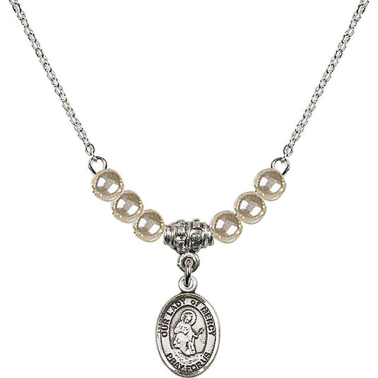 Sterling Silver Our Lady of Mercy Birthstone Necklace with Faux-Pearl Beads - 9289