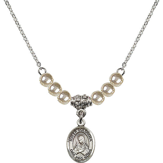 Sterling Silver Mater Dolorosa Birthstone Necklace with Faux-Pearl Beads - 9290