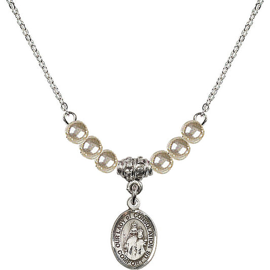 Sterling Silver Our Lady of Consolation Birthstone Necklace with Faux-Pearl Beads - 9292