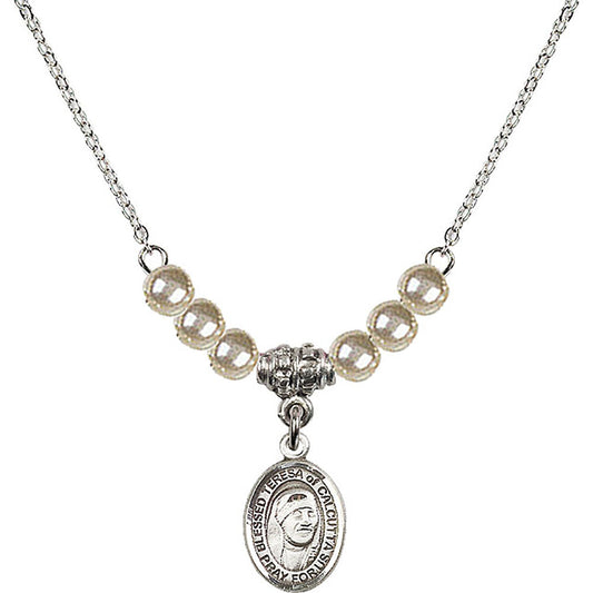 Sterling Silver Saint Teresa of Calcutta Birthstone Necklace with Faux-Pearl Beads - 9295