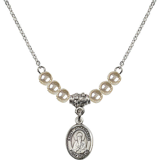 Sterling Silver Saint Athanasius Birthstone Necklace with Faux-Pearl Beads - 9296