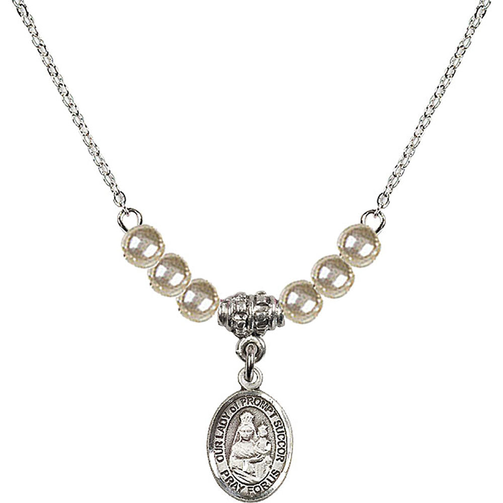 Sterling Silver Our Lady of Prompt Succor Birthstone Necklace with Faux-Pearl Beads - 9299