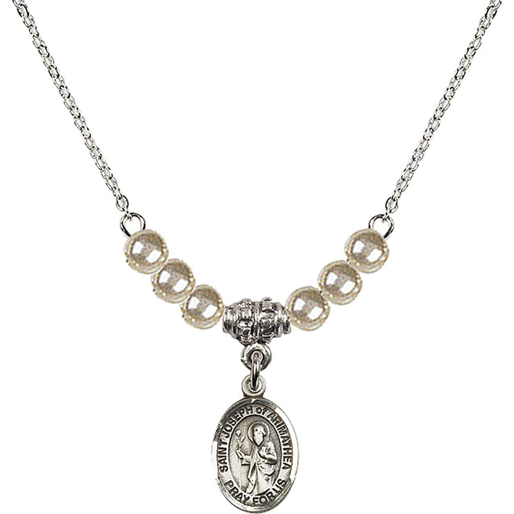 Sterling Silver Saint Joseph of Arimathea Birthstone Necklace with Faux-Pearl Beads - 9300