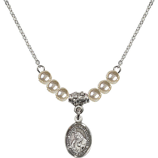 Sterling Silver Saint Margaret of Cortona Birthstone Necklace with Faux-Pearl Beads - 9301