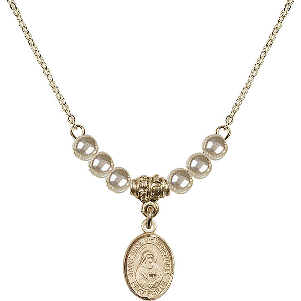 14kt Gold Filled Saint Bede the Venerable Birthstone Necklace with Faux-Pearl Beads - 9302