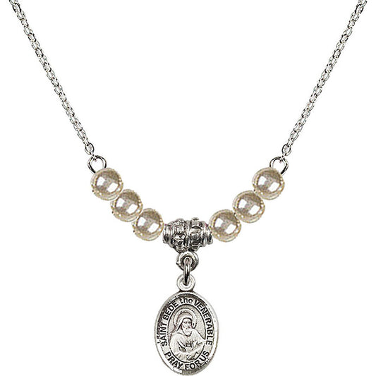 Sterling Silver Saint Bede the Venerable Birthstone Necklace with Faux-Pearl Beads - 9302