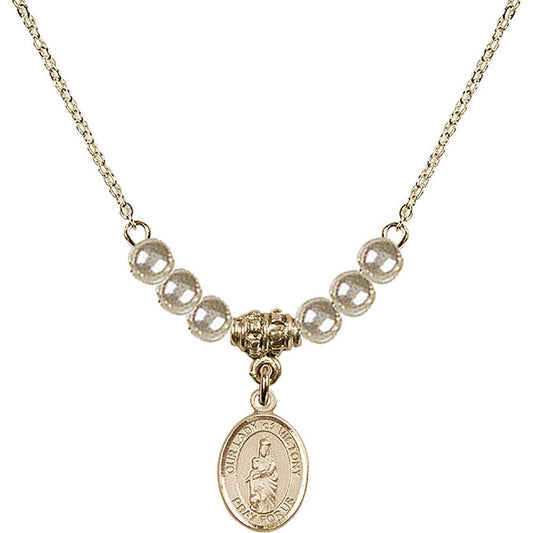 14kt Gold Filled Our Lady of Victory Birthstone Necklace with Faux-Pearl Beads - 9306