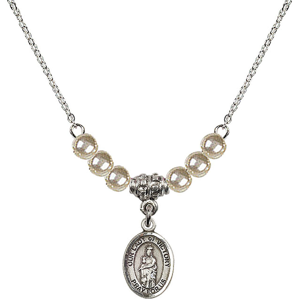 Sterling Silver Our Lady of Victory Birthstone Necklace with Faux-Pearl Beads - 9306