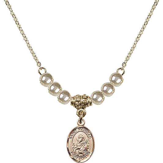 14kt Gold Filled Saint Meinrad of Einsiedeln Birthstone Necklace with Faux-Pearl Beads - 9307