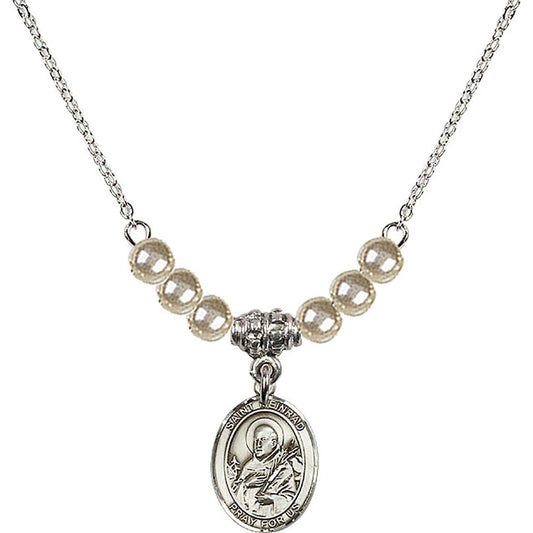 Sterling Silver Saint Meinrad of Einsiedeln Birthstone Necklace with Faux-Pearl Beads - 9307