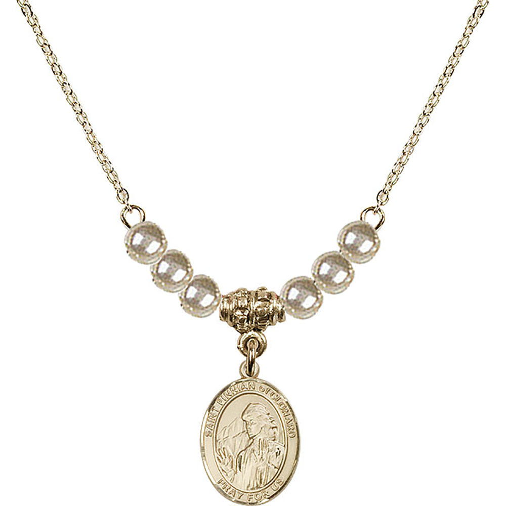 14kt Gold Filled Saint Finnian of Clonard Birthstone Necklace with Faux-Pearl Beads - 9308
