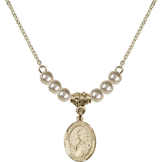 14kt Gold Filled Saint Finnian of Clonard Birthstone Necklace with Faux-Pearl Beads - 9308