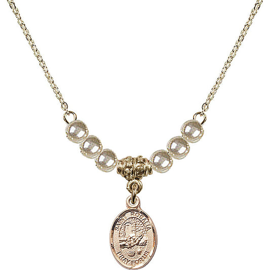 14kt Gold Filled Saint Rosalia Birthstone Necklace with Faux-Pearl Beads - 9309