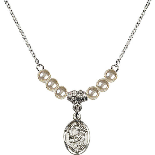 Sterling Silver Saint Rosalia Birthstone Necklace with Faux-Pearl Beads - 9309
