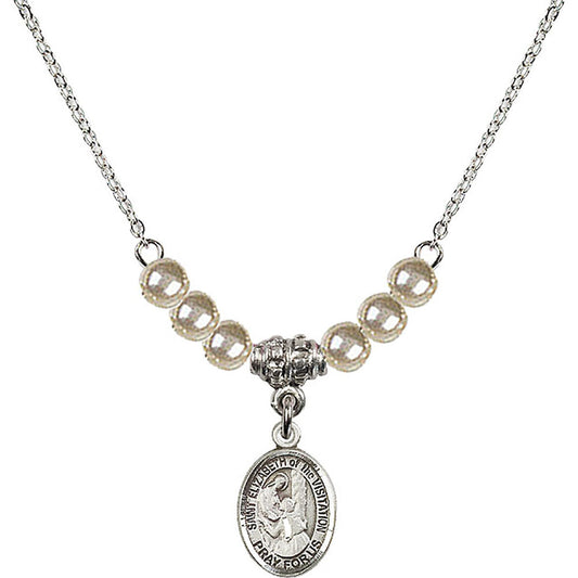 Sterling Silver Saint Elizabeth of the Visitation Birthstone Necklace with Faux-Pearl Beads - 9311