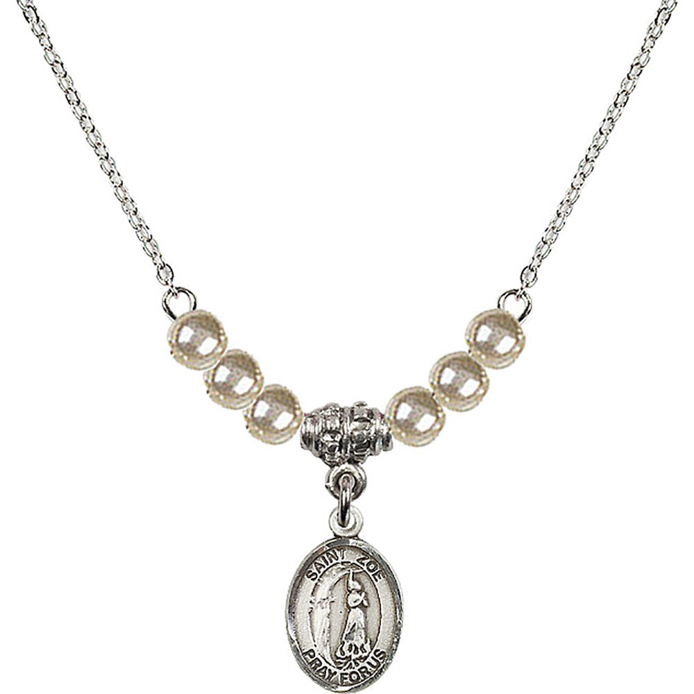 Sterling Silver Saint Zoe of Rome Birthstone Necklace with Faux-Pearl Beads - 9314