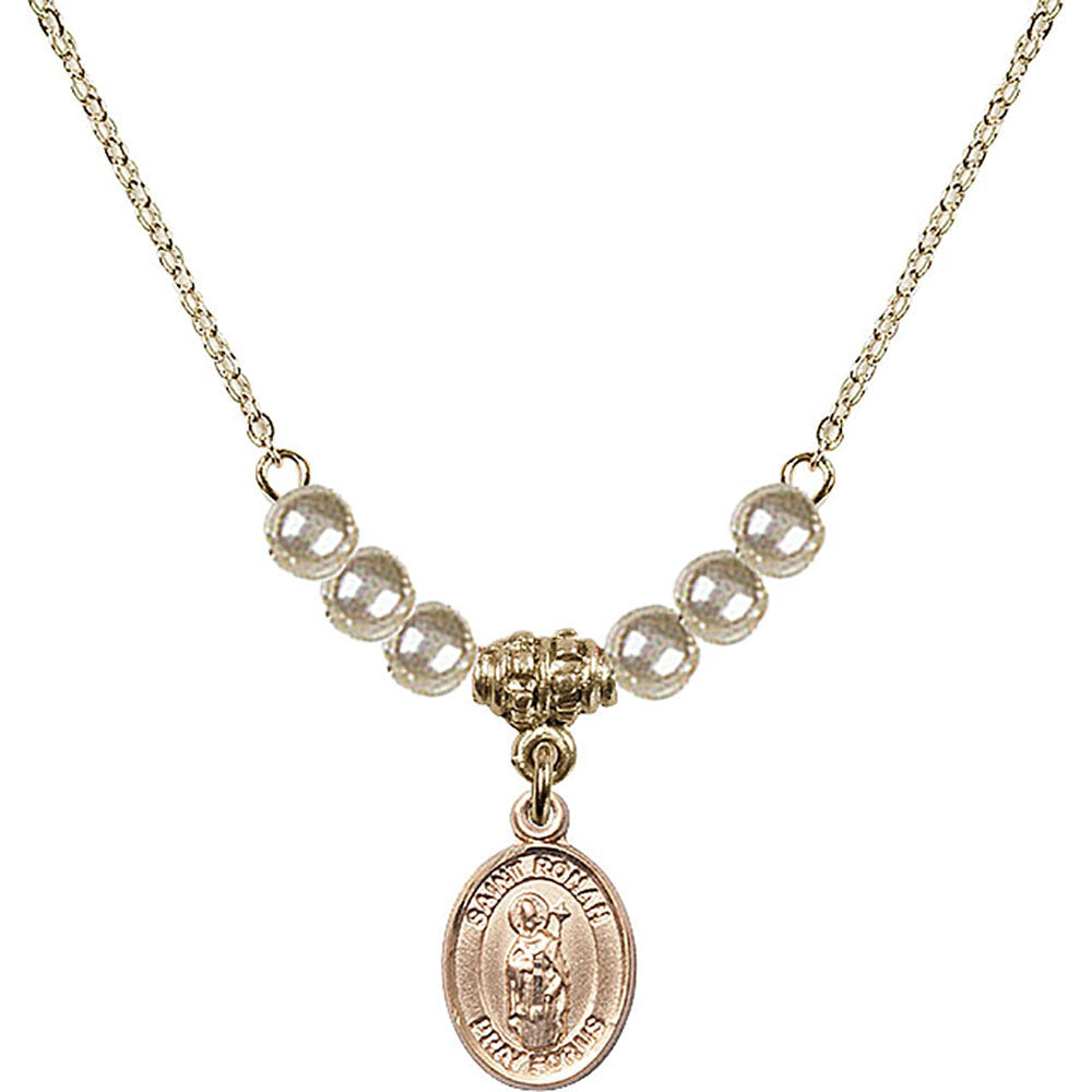 14kt Gold Filled Saint Ronan Birthstone Necklace with Faux-Pearl Beads - 9315
