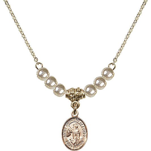 14kt Gold Filled Saint Anthony of Egypt Birthstone Necklace with Faux-Pearl Beads - 9317