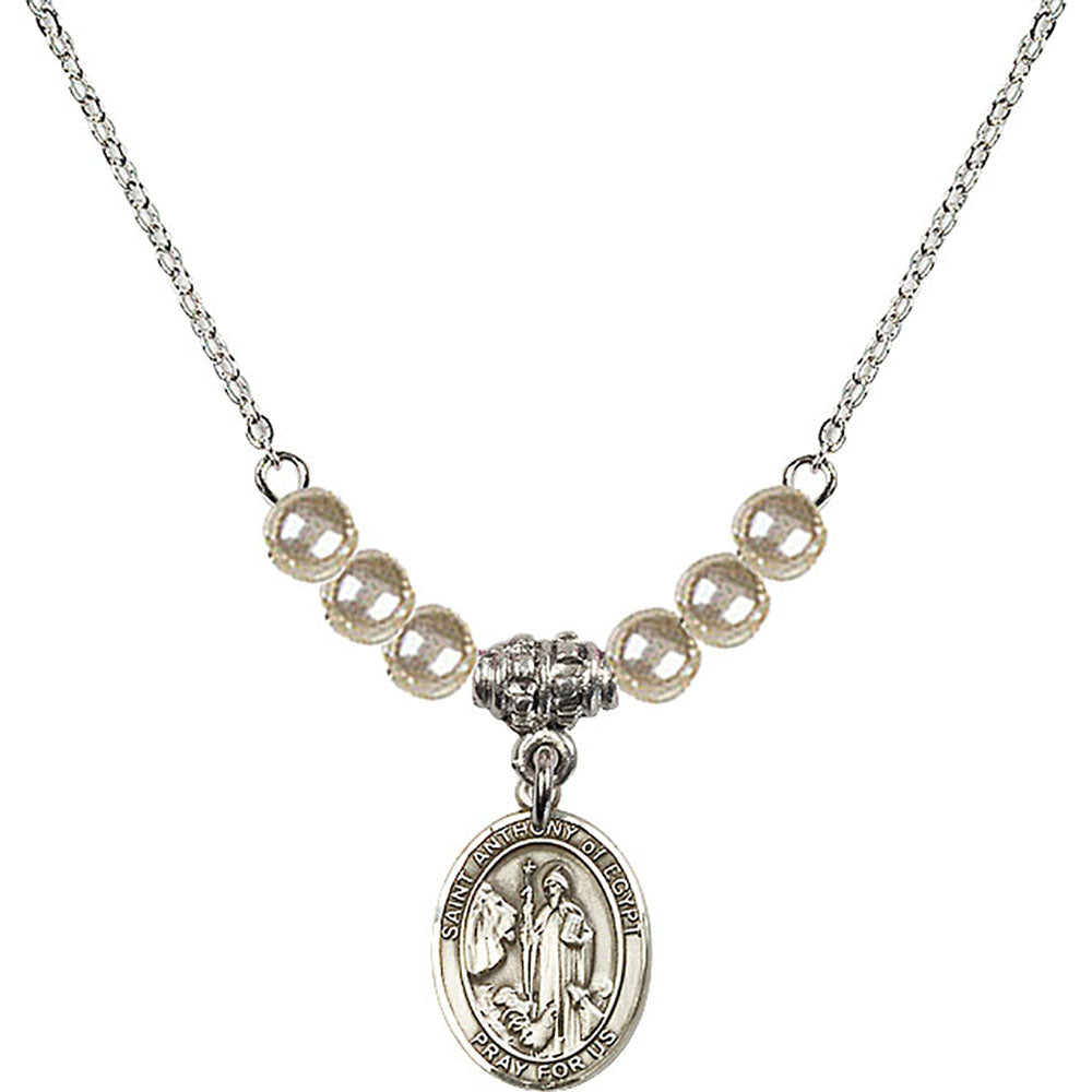 Sterling Silver Saint Anthony of Egypt Birthstone Necklace with Faux-Pearl Beads - 9317