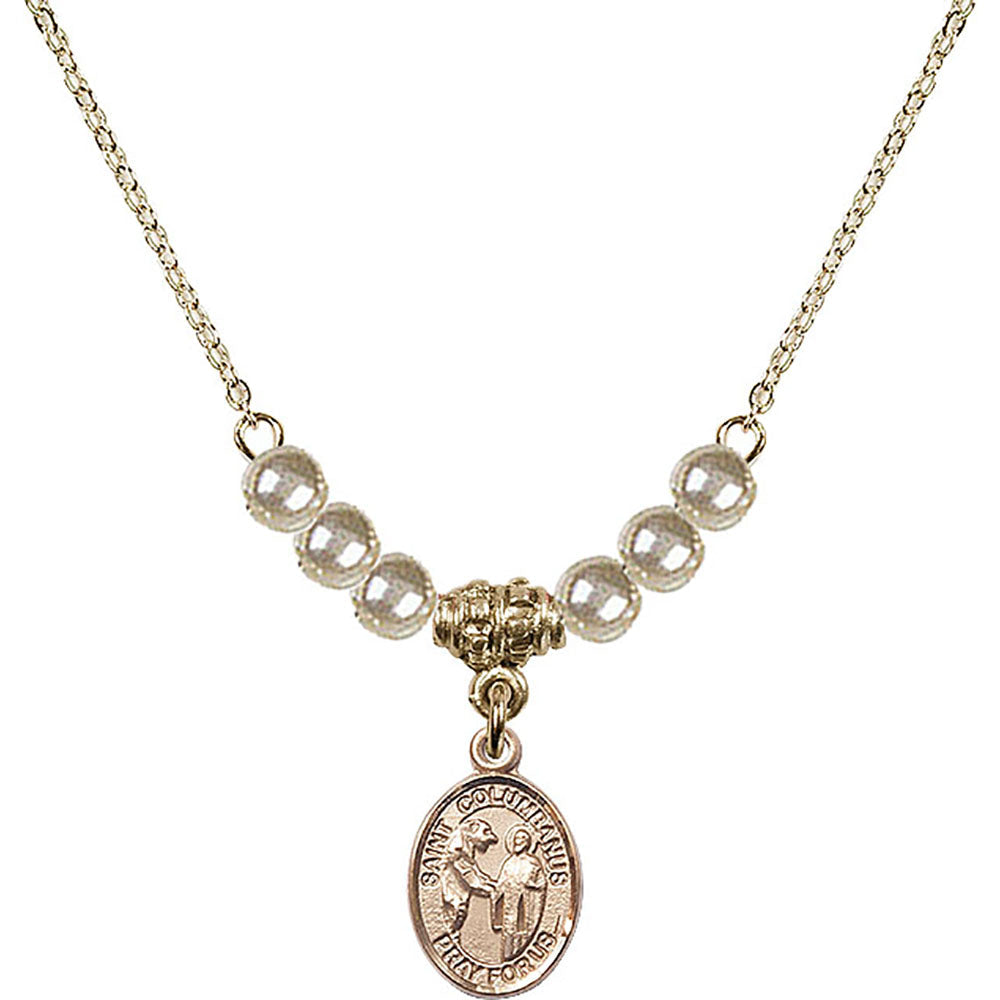 14kt Gold Filled Saint Columbanus Birthstone Necklace with Faux-Pearl Beads - 9321